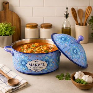 Casserole en acier émaillé bleu floral de qualité supérieure Marvel Handicrafts avec couvercle, pot isotherme pour servir des aliments chauds, ustensile de cuisine durable - Product Image 3