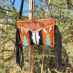 Western Hand Tooled Leather Crossbody Purse Turquoise Saddle <b>Blanket</b> Bag Genuine Cowhide Western Leather Bohemian Fringe Purse - Product Image 4
