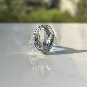 Oval Cut <b>Crystal</b> Cocktail <b>Ring</b> 925 Silver Bezel Setting Classic Unisex Everyday Wear Jewelry - Product Image 1