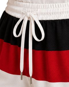 Ensemble de pyjama en satin pour femme, rayures noires, rouges et blanches, débardeur sans manches avec short à cordon, tenue de détente de luxe - Product Image 6