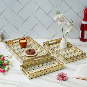 Oriental wooden custom print <b>set</b> of 3 Storage Tray Rectangle Lacquered Finish Single Tier Table Use Drink Food <b>Serving</b> - Product Image 4