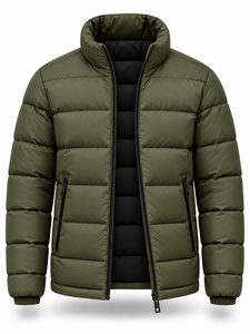 Blouson matelassé vert olive pour homme, coupe-vent, fermeture éclair, col montant, décontracté, rembourrage épais en polyester, longueur standard, couleur unie - Product Image 3