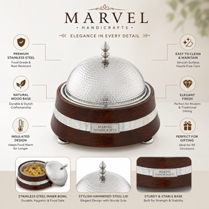 Casserole isolée de luxe en acier inoxydable martelé avec base en bois |   Chauffe-plat haut de gamme pour fondue, idéal pour la maison et les dîners - Product Image 2