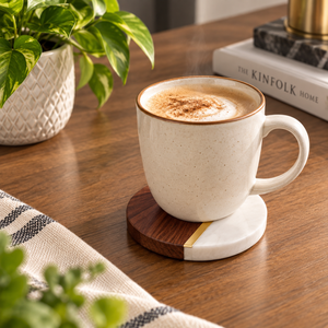 Marble Wood <b>Coaster</b> <b>Set</b> of 4 with Holder for Tea Coffee Cups | Round Drink Mats with Brass Accent for Home Table Decor and Gifts - Product Image 2