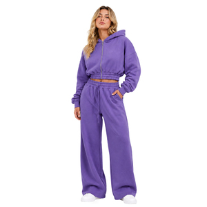 Women's Lavender Cropped Hoodie Tracksuit Wide Leg <b>Sweatpants</b> 2 Piece Set Casual Loose Fit Fleece Outfit All Seasons - Product Image 2