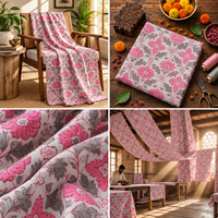 Tissu en coton imprimé à la main écologique, motif floral rose et blanc, textile indien pour robes, kurtis, couture, artisanat et décoration intérieure pour garçons et filles