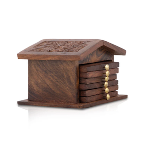 Sous-verre en bois en forme de cabane, support en laiton, sous-verres et dessous de plat carrés, décoration de table - Product Image 1