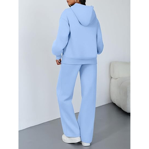 Ensemble sweat-shirt à capuche en spandex bleu clair uni pour femme, pantalon ample en molleton à jambes larges, tenue décontractée pour toutes les saisons, ensemble 2 pièces - Product Image 2