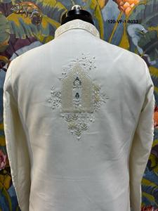 Sherwani de tela estructurada premium con bordado de perlas Resham Thread, cuello mandarín, largo hasta la cintura, para fiestas, bodas, ropa étnica moderna. - Product Image 5