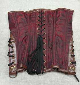 Women's Gothic Faux Leather Corset With Chain Red Brocade Fabric Shaper Breathable <b>Underbust</b> Corset Front Clasp and Chain Brown - Product Image 3