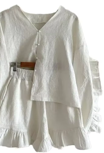 Women's White Cotton <b>Linen</b> Set Loose Prairie Chic V-Neck Ruffle Sleeve <b>Top</b> and Skirt Matching Outfit - Product Image 3