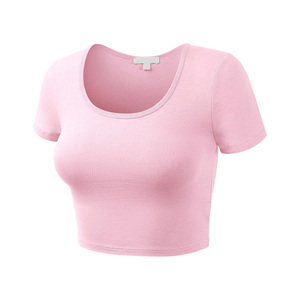 2026 New Women's <b>Pink</b> O-Neck Short Sleeve <b>Crop</b> <b>Top</b> Knitted Canvas Casual Breathable Regular Fit Summer Customized Colors - Product Image 3