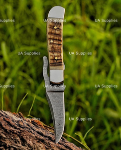 UA Supplies Custom Hand Forged Stainless Steel Folding Knife Ram Horn Handle Hunting Industrial Grade Liner <b>Lock</b> Pocket OEM - Product Image 4