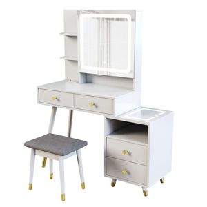 Toelette in Legno Massello con 4 Cassetti, 2 Ripiani, Specchio e Armadietto - Decorazione in Truciolato Melaminico con Rivestimento in Rame - Product Image 3