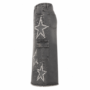 Falda vaquera deshilachada con estrellas, falda midi cargo gris lavada para mujer con pedrería, bolsillos estilo streetwear - Product Image 3