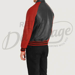 Chaqueta Bomber de Cuero Genuino Bicolor Negro y Rojo para Hombre con Cuello Camisero Clásico y Puños Acanalados a Rayas - Product Image 2