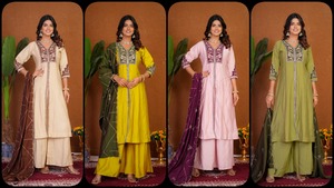 Conjunto de traje Anarkali de seda romana para mujer con bordado multihilo y trabajo manual |   Palazzo y Dupatta |   Proveedor B2B - Product Image 2