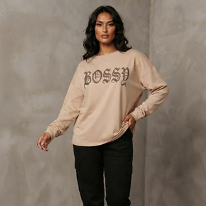 T-shirt Femme à Manches Longues avec Strass, Coton Premium, Coupe Décontractée, Streetwear, T-shirt Graphique, Fabricant, Épaules Tombantes, T-shirt pour Femme - Product Image 1