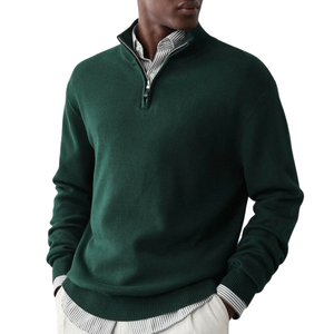 Menswear Green <b>Quarter</b> <b>Zip</b> <b>Jumper</b> Knitted Sweater Stand Collar Long Sleeve Pullover Casual Winter Warm Soft Knitwear Premium Fit - Product Image 1