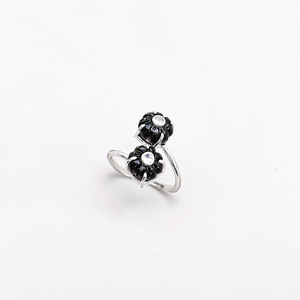 Natural Quartz Black Onyx Flower Gemstone <b>Ring</b> Gold Plated Brass Handmade Claw Setting Adjustable for Women Trendy - Product Image 1