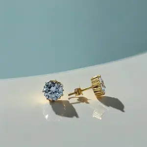 Boucles d'oreilles clous en or jaune 22 carats avec diamant taille ronde, solitaire classique, fermoir à vis, bijoux fins, cadeau pour femme - Product Image 2