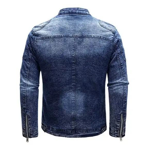 Veste en jean bleue pour homme, col montant, fermeture éclair, style décontracté, coupe ajustée, vêtement d'automne, doublure en coton - Product Image 5