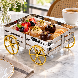 Bandeja Rectangular de Acero Inoxidable Martillado Estilo Rickshaw para Servir Frutas y Nueces, Plateada con Ruedas Doradas - Product Image 6