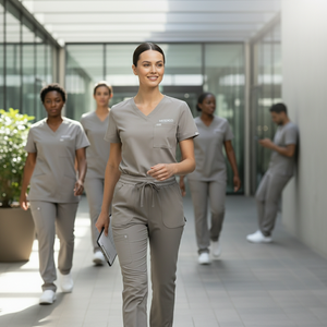 Conjunto de Uniforme Médico de Manga Corta con Cuello en V de Primera Calidad para Mujer MITEXCO, Uniforme de Enfermera Flexible para el Cuidado de la Salud, Ropa Moderna para Hospital en Gris - Product Image 4