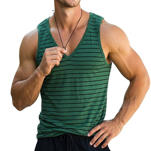Débardeurs de fitness rayés en gros pour hommes, débardeurs de musculation personnalisés à col en V profond, fournisseurs de vêtements de musculation pour hommes - Product Image 1