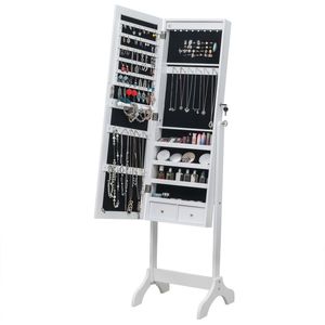 Organizzatore per Gioielli in Legno Bianco a 4 Livelli con Luce LED Blu, 2 Cassetti e Specchio Regolabile, 8 Luci LED Blu - Product Image 1