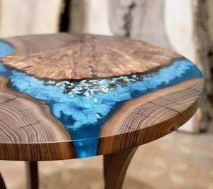 Table basse artisanale de luxe, élégante, personnalisée, écologique, faite à la main, peinte à la main, avec bord naturel et résine océanique, pour décoration côtière - Product Image 4