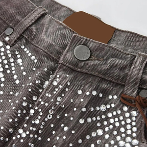 Pantalones Cortos de Lujo Personalizados para Hombre con Pedrería, 100% Algodón de Alta Calidad con Patrón Sólido de Pedrería, Estilo Urbano, Efecto Desgastado por el Sol - Product Image 2