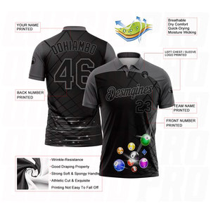 เสื้อโปโลดีไซน์ลาย 3 มิติ สีดำเทา แบบกำหนดเอง สำหรับกีฬาบิลเลียด คุณภาพพรีเมียม ปักชื่อและโลโก้ทีมตามสั่ง - Product Image 4