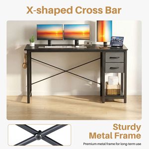 Modern Simple 47 Inch Computer <b>Desk</b> with 2 Tier Drawers Storage <b>Shelf</b> Headphone Hook for Bedroom Study - Product Image 4