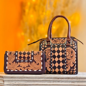 Brown And Black Color Checkered Diamond Pattern Hand Tooling Florals Carved 100% Genuine Leather Material Mini Speedy Duffle Bag - Product Image 3