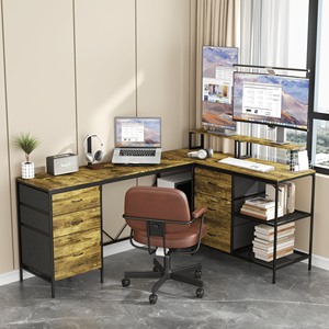 Scrivania da Gaming Industriale a L da 114 Pollici Marrone Rustico con Hub di Alimentazione, 6 Cassetti e Supporto Monitor Rimovibile per Ufficio Domestico - Product Image 4