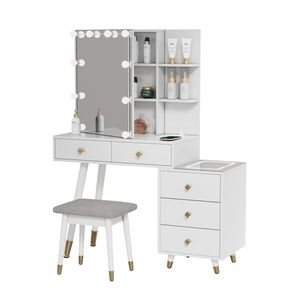 Solid Wood <b>Makeup</b> Vanities 5 Drawers 2 Layer Shelf <b>Mirror</b> Case Pitted Particle Board Triamine Coating Copper Sheath Decoration - Product Image 5