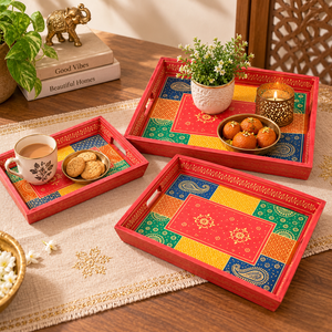 Juego de Bandejas de Madera Pintadas a Mano, 3 Piezas, Diseño Floral Indio Tradicional, Bandejas Multifuncionales para Servir, Color Rosa Amboz, para Bodas y Diwali - Product Image 6