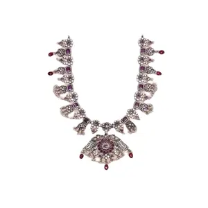 Endearing Peacock Motifs Ruby Stone Studded Pearl Beads Embellished Oxidised Silver Bridal Wedding Wear Necklace at Best Price