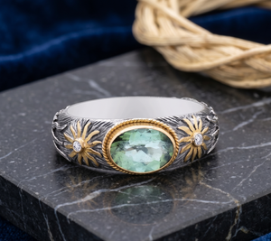 Anillos Victorianos para Mujer, Hechos a Mano, Plata de Ley 925, Oro Amarillo de 18K, Amatista Verde Natural - Certificados, Diseño Floral, para Fiesta - Product Image 1