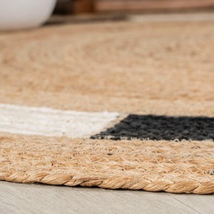 Round Geometric Jute Area Rug Modern Flat Weave Non <b>Slip</b> Living Room Floor <b>Mat</b> With Black White Accents - Product Image 3