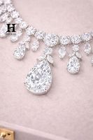 Parure de bijoux de mariage personnalisée en or blanc 18 carats avec diamant de laboratoire taille poire, collier ras-du-cou à franges et collier chandelier halo