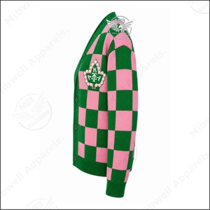 Cárdigan de Mujer, Nuevo Diseño, Rosa y Verde a Cuadros, Zeta Phi Beta, Cuello en V, Manga Larga, Bordado, Tejido Informal - Product Image 3