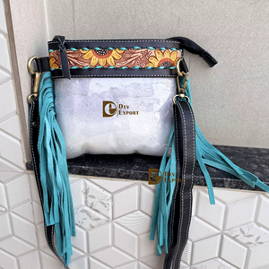 Sac à main transparent à franges de créateur, élégant, en cuir sculpté à la main, couleur turquoise tournesol, pour femmes - Product Image 1