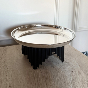 Metal Silver <b>Cake</b> <b>Stand</b> Elevated By Distinctive Fluted Architectural Black Pillars Perfect For Striking Dessert Presentations - Product Image 4