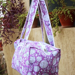 Purple Floral Print Quilted <b>Duffel</b> <b>Bag</b> With White Trim And Long Handles Large Capacity Weekender Travel <b>Bag</b> - Product Image 6