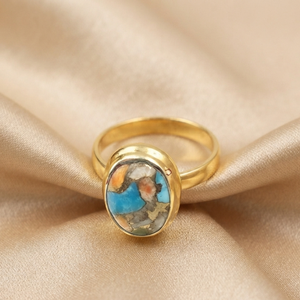 Natural Oyster Copper Turquoise Oval Sterling Silver Rose Gold & Yellow Gold Plated Handmade <b>Boho</b> Gemstone Wedding <b>Ring</b> - Product Image 5
