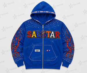 Sudadera con capucha y cremallera para hombre, personalizada, azul, con gráfico de diamantes de imitación, estilo urbano, premium, bordada, moda hip hop - Product Image 3