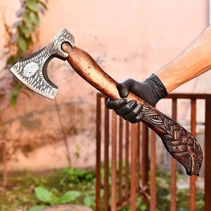 Hacha Tomahawk Hecha a Mano con Mango de Madera y Cabeza de Lobo Tallada, Hoja de Acero Forjado, Réplica de Hacha de Supervivencia - Product Image 4