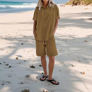 Conjunto de Pantalones Cortos y Camiseta Larga de Algodón Tejido de 1 Pieza para Mujer, Ropa de Casa Informal, Cómoda, Suave y Transpirable para Verano - Product Image 1